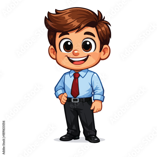 Cute cartoon boy in shirt and tie with pants and shoes happy