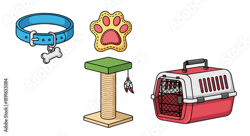 A colorful illustration of pet accessories on transparent background