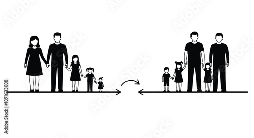 Multi-generational family silhouettes showing growth and change with adults and children holding hands in black figures