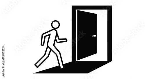 Minimalist black and white illustration of a person entering an open door symbolizing new opportunities or transitions