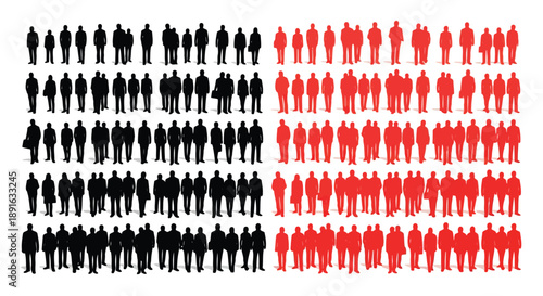 Diverse crowd of human silhouettes transitioning from black to red illustrating demographic change and population concepts
