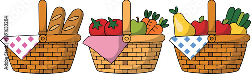 Farmers Market Basket Vector Collection  Woven Baskets with Fresh Food
