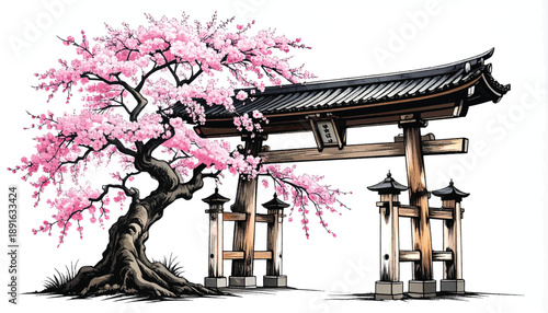 Traditional temple sakura vector for heritage branding. Oriental blossom pavilion illustration for cultural projects. Historic asian gate artwork supporting tourism visuals