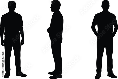 Three Black Silhouettes Of A Man Standing On A White Background male front view