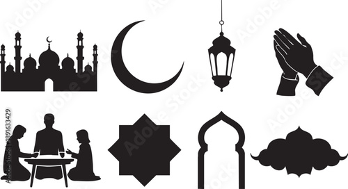 Islamic ramadan symbols and mosque silhouettes