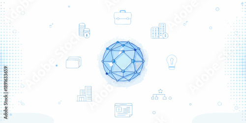 Abstract representation of a digital brain network with surrounding icons