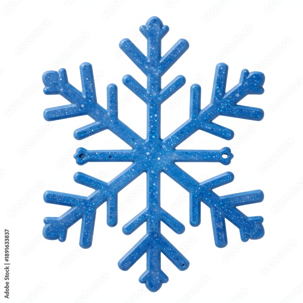 Fototapeta premium Detailed shot of blue snowflake ornament with glitter on a white background