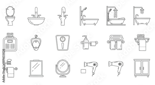 Set of minimalist vector icons illustrating bathroom essentials, plumbing fixtures, hygiene tools, and household cleaning equipment