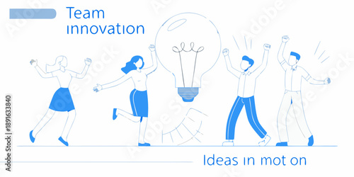 Team celebrating a bright idea with a glowing lightbulb illustration