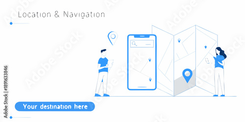 Illustration depicting location and navigation using a smartphone and map