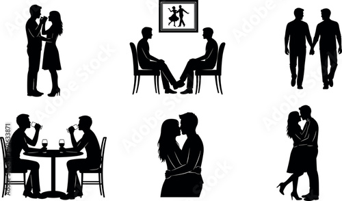 Romantic Couples Silhouettes Set Featuring Gay and Heterosexual Lovers, Dating Scenes, Wedding, Valentine, Engagement, Kissing and Hugging Partners Vector Illustration