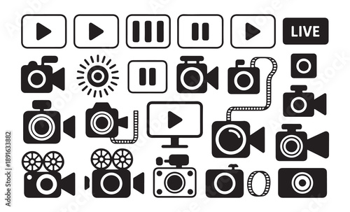 Collection of video and camera icons on white background