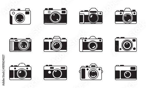 Set of outline style camera icons with a clean design, a collection of modern photographic symbols