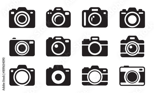 Set of black and white camera icons, a collection of photographic equipment symbols vector illustration