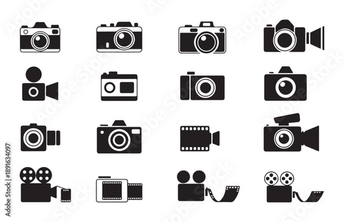 Selection of camera and video icons including film reels and players on white