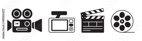 Motion picture production solid icons with clapperboard film strip spool and professional video equipment