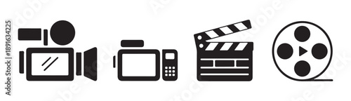 Professional cinematography icons featuring camcorder clapper board and celluloid film reel vector symbols