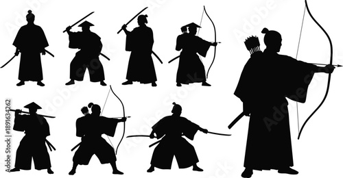 Japanese samurai and archer black silhouettes set, warriors with katanas and bows, ancient martial arts, cad drawing flat vector illustration, isolated icons