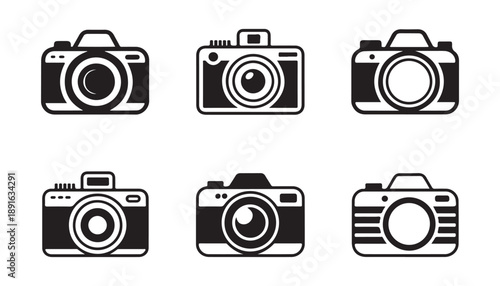 Set of six camera icons, both outlined and filled, on a clean white background for various uses