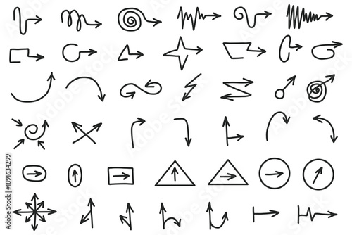 Hand drawn directional signs and arrow icons enclosed in shapes for navigation and instruction design
