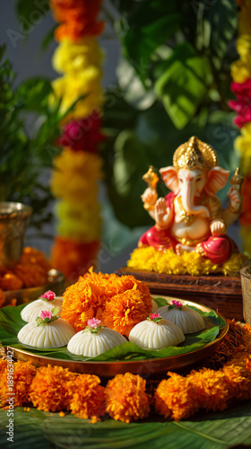 Ganesha idol with traditional indian sweets modak on leaf platter surrounded by marigold flowers, festive altar scene for religious celebration, cultural festival design, devotional food