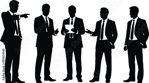 Five black silhouettes of businessmen in suits and ties businessmen, silhouettes, suits, ties, pointing, holding paper, standing, white background, black, office workers, professionals, gestures, comm