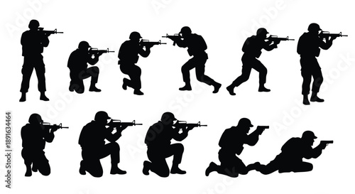 Dynamic set of military soldier silhouettes in action combat poses aiming and firing rifles during tactical operations