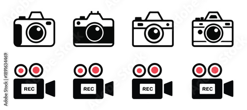 Set of eight camera and video camera icons with record buttons on a white background for design