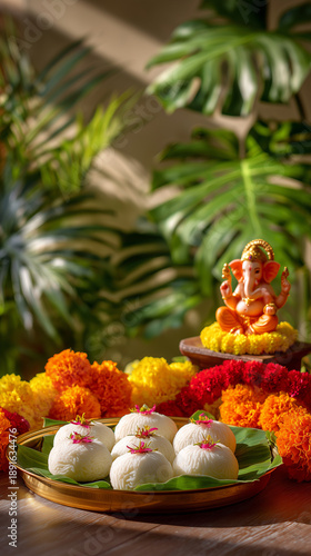 Ganesha idol with traditional indian sweets modak on leaf platter surrounded by marigold flowers, festive altar scene for religious celebration, cultural festival design, devotional food