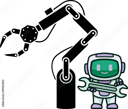 Robotics Engineering Illustration Robotic Arm and Cute Maintenance Bot