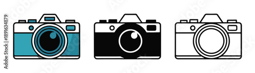 Camera line icon set with flat and colorful retro photography symbols for digital design projects and websites