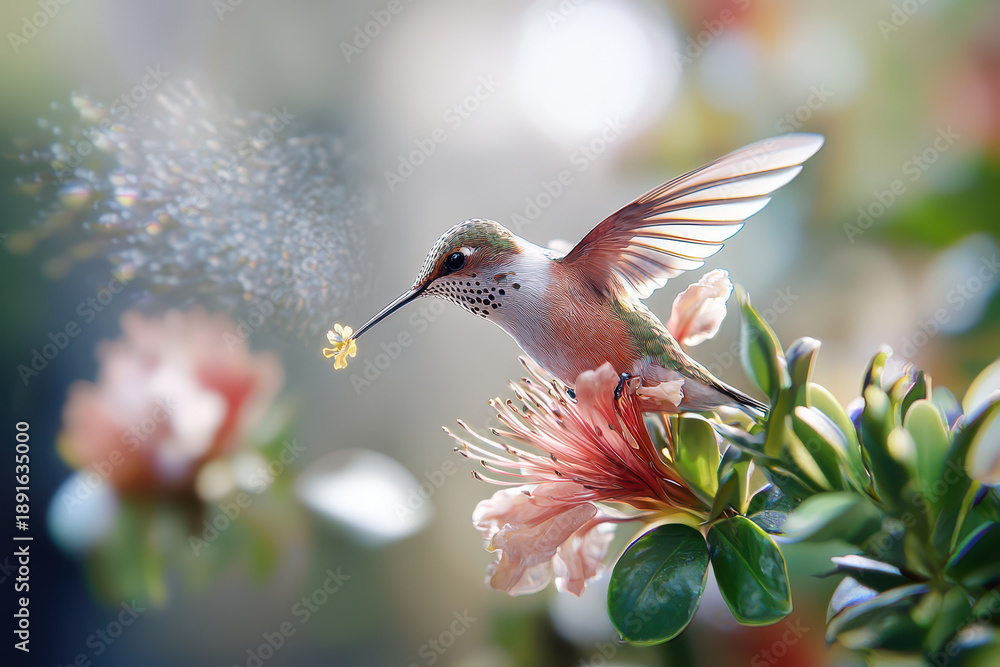 Obraz premium Vibrant hummingbird hovering near colorful flower, showcasing intricate details and sense of motion. scene captures beauty of nature and delicate