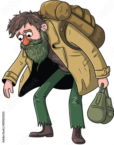 Tired homeless man or traveler character with messy beard hunched over carrying a large heavy backpack and bag flat vector illustration for social issues