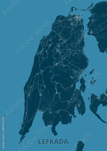 Map of Lefkada Island, Greece, rendered in shades of blue. The island's shape is clearly defined, with intricate white lines representing roads and pathways.