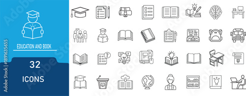 Education and Learning  Icon Set.Contains icon Study, Knowledge, Online Education,e-book knowledge, and more.Outline Icon Collection.Editable Stroke. 