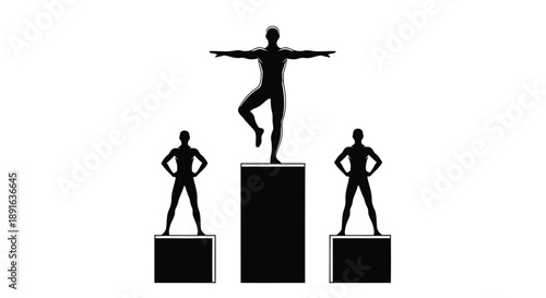 Silhouette illustration of three competitors on podiums showcasing success and athletic achievement in minimalist design
