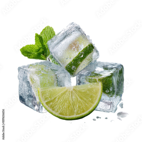 A refreshing combination of ice cubes, lime, and mint leaves on a black background