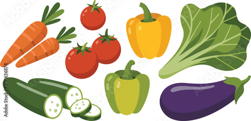 Fresh Vegetables Vector Set  Tomatoes, Peppers, Cucumbers, Carrots, and Eggplants