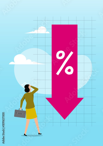 Shocked Businesswoman Watching Falling Interest Rate Arrow—Economic Recession and Rate Cut Concept