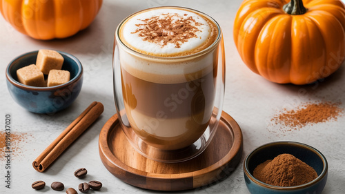 Pumpkin spice latte with cinnamon and coffee beans
