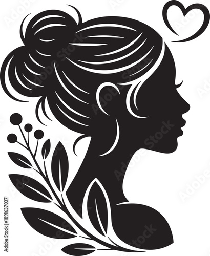Elegant silhouette of a woman with an updo and floral accents