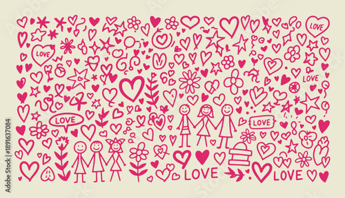 Dense pink doodle pattern with many hearts flowers and stick figure families for romantic background design