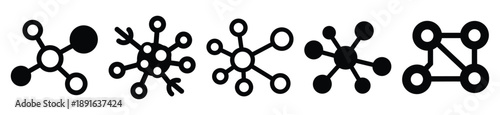 Stylized icon set of a  neural learning nodes on white background. Machine learning silhouette Icons in solid and silhouette versions.