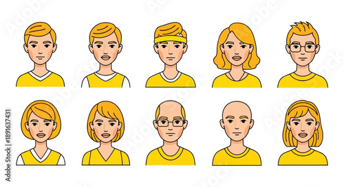Collection of vector-style illustrated avatars featuring cheerful young individuals in matching sportswear with hairstyle variations