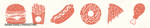 Minimalist fast food icon set with silhouettes of burger fries hot dog donut pizza and fried chicken leg