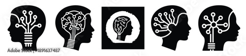 Stylized icon set of a  neural machine intelligence on white background. Machine learning silhouette Icons in solid and silhouette versions.