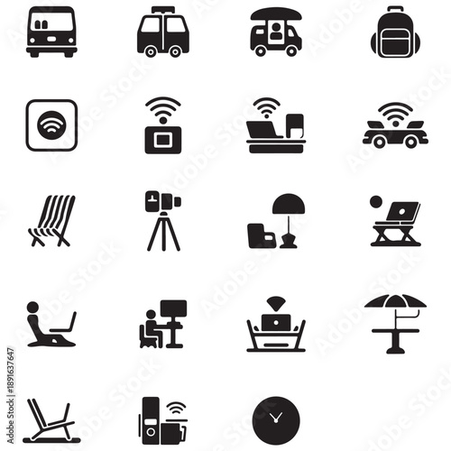 Digital Nomad Lifestyle and Remote Work Vector Icon Set