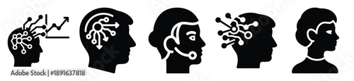Stylized icon set of a  neural predictive analysis on white background. Machine learning silhouette Icons in solid and silhouette versions.