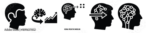 Stylized icon set of a  neural predictive modeling on white background. Machine learning silhouette Icons in solid and silhouette versions.