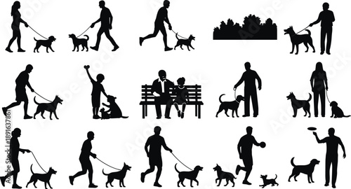 Black silhouettes of people walking dogs and playing with pets black silhouettes, people, dogs, walking, playing, pets, leash, park, bench, trees, animals, pet owners, recreation, outdoor activities, 